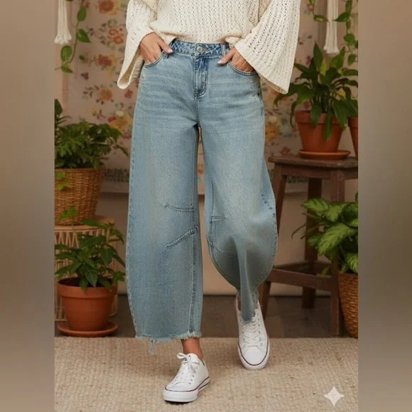Women's Light Blue Barrel Wide-Leg Jeans - Picture 1 of 2